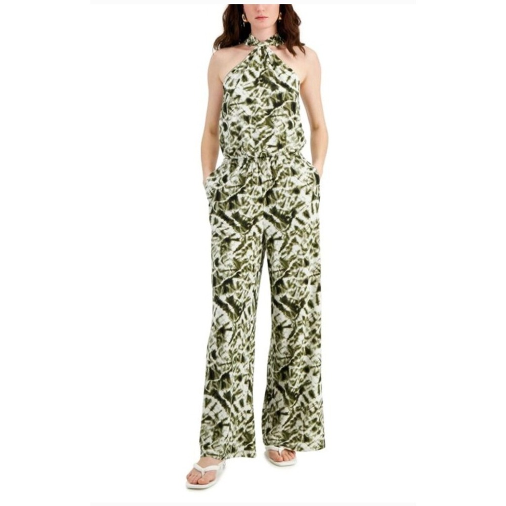 INC International Concepts Womens Olive Tie Dye Halter Wide Leg Jumpsuit Medium